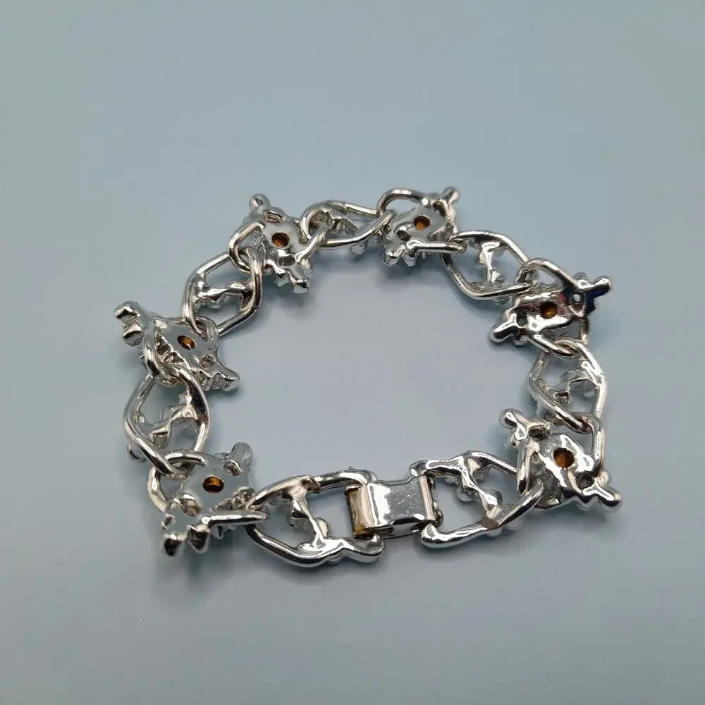 Vintage Creamy White Flower Bracelet, Clear Rhinestones, Mid-Century